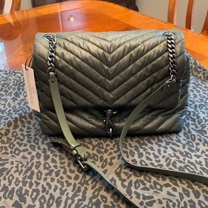 Green quilted purse gun metal gray chain handbag